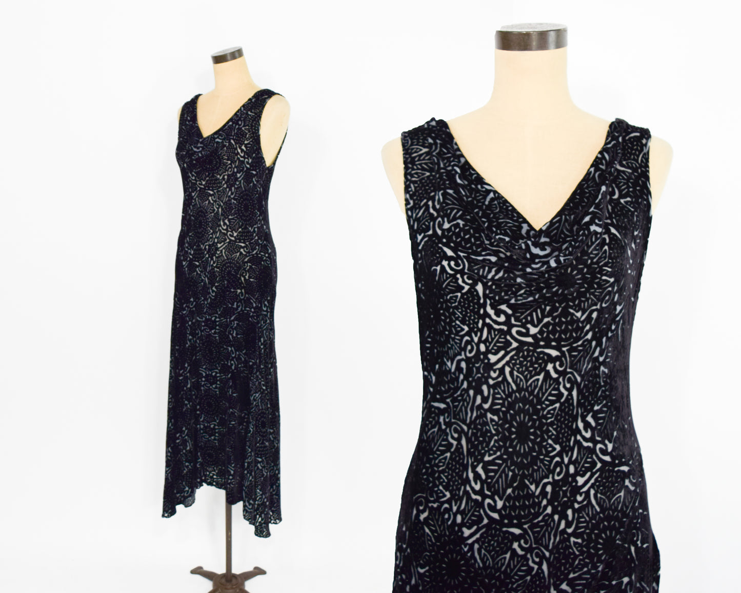 1990s Black Burnout Velvet Dress | Bias Cut Goth Maxi Dress