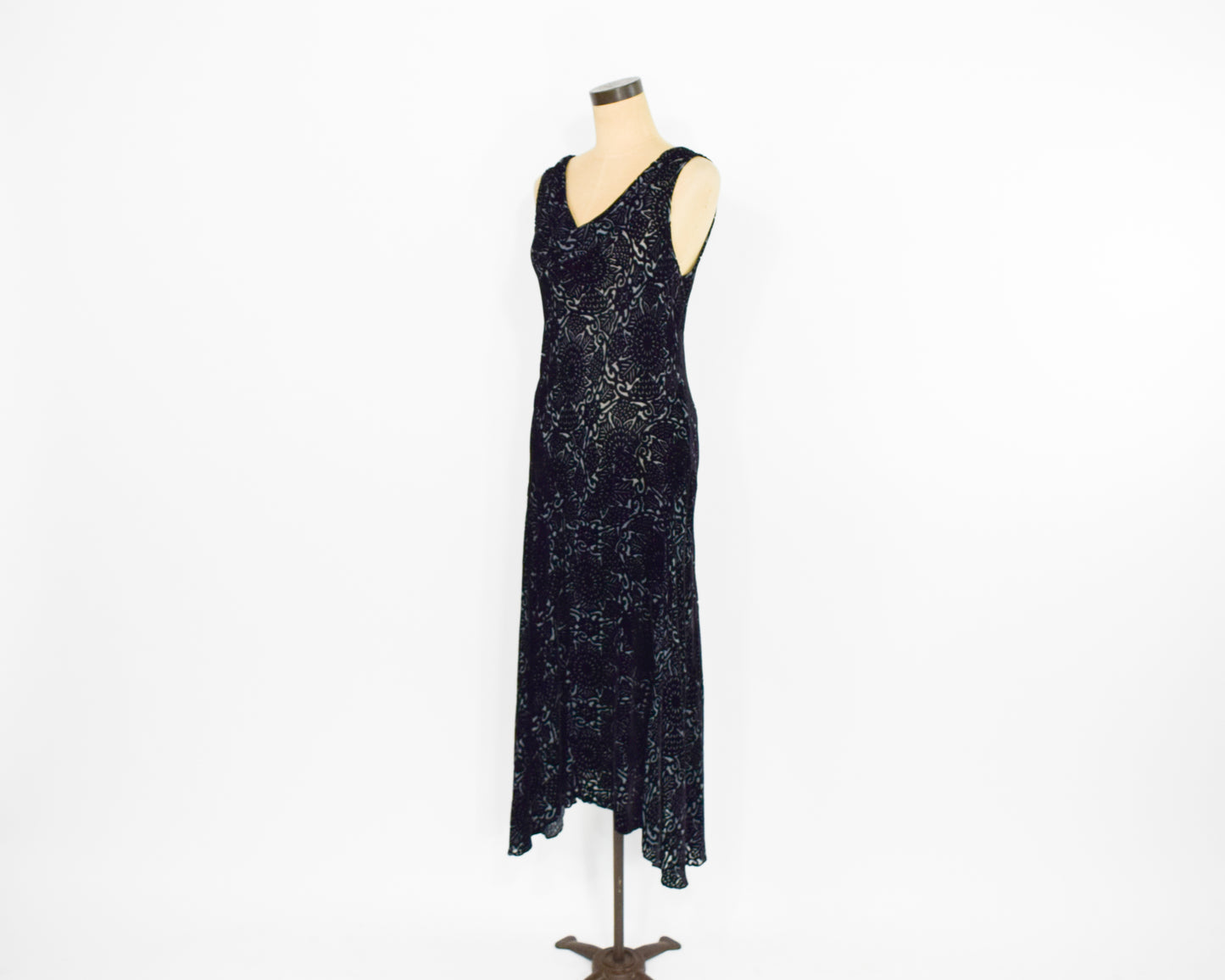 1990s Black Burnout Velvet Dress | Bias Cut Goth Maxi Dress