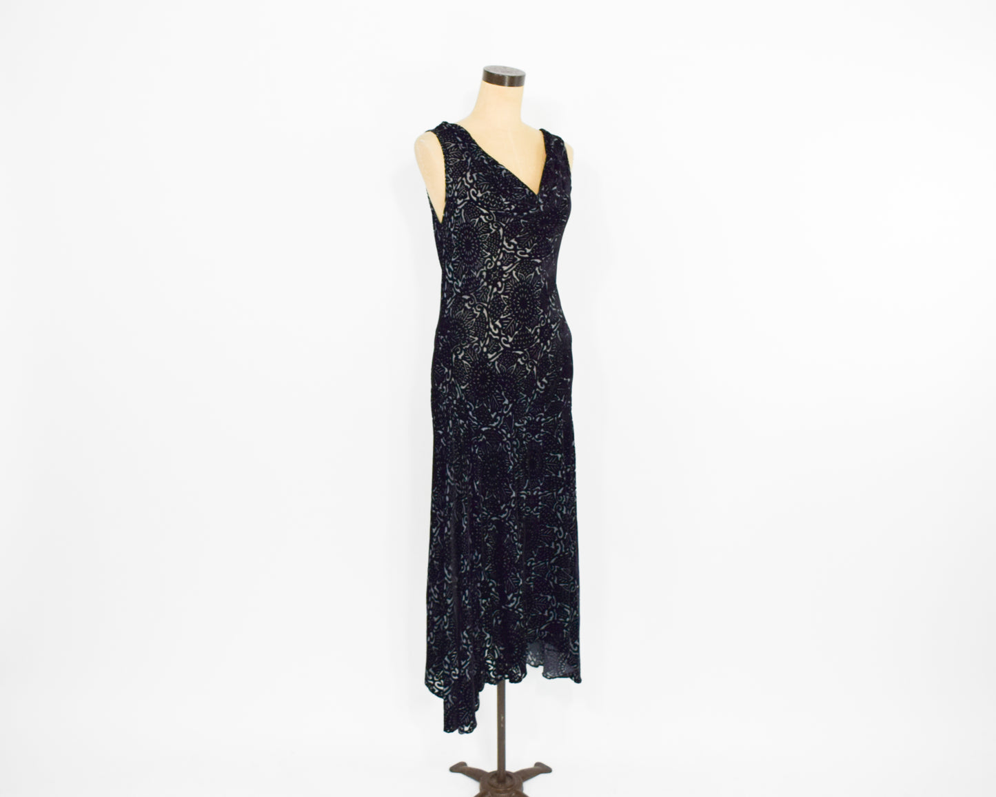 1990s Black Burnout Velvet Dress | Bias Cut Goth Maxi Dress