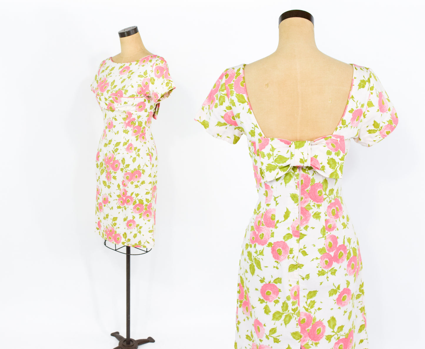 1950s Pink Rose Print Wiggle Dress, Small