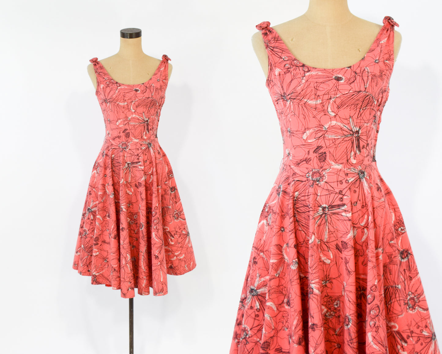 1940s Coral Print Cotton Dress, Extra Small