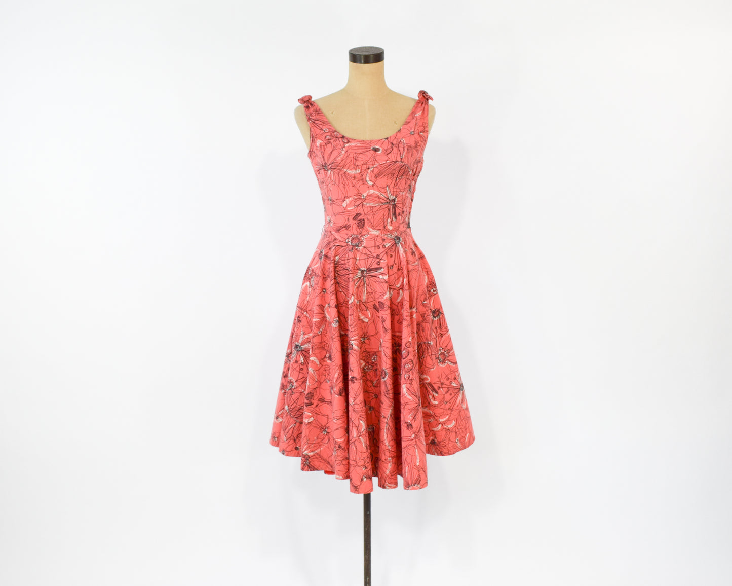 1940s Coral Print Cotton Dress, Extra Small