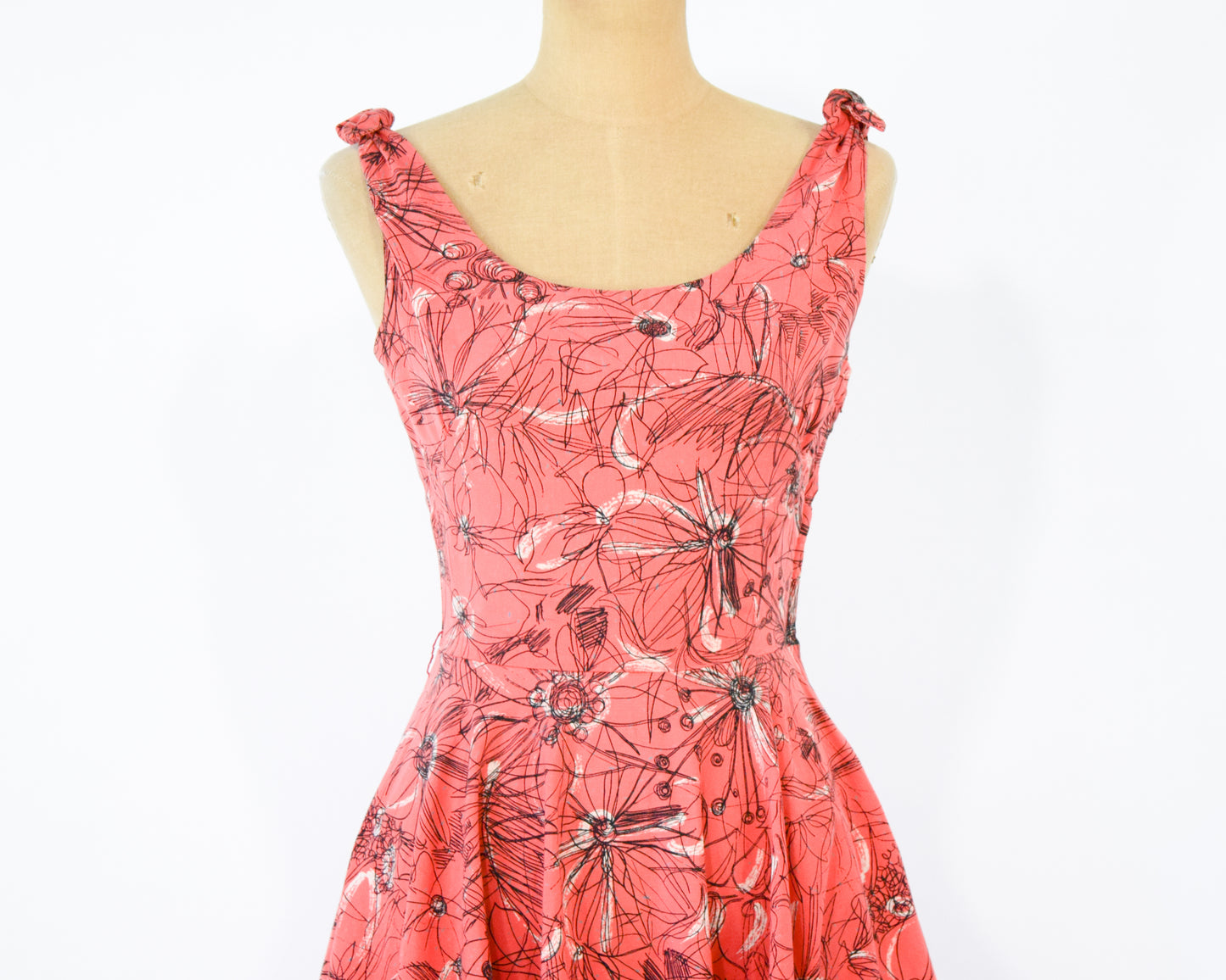 1940s Coral Print Cotton Dress, Extra Small