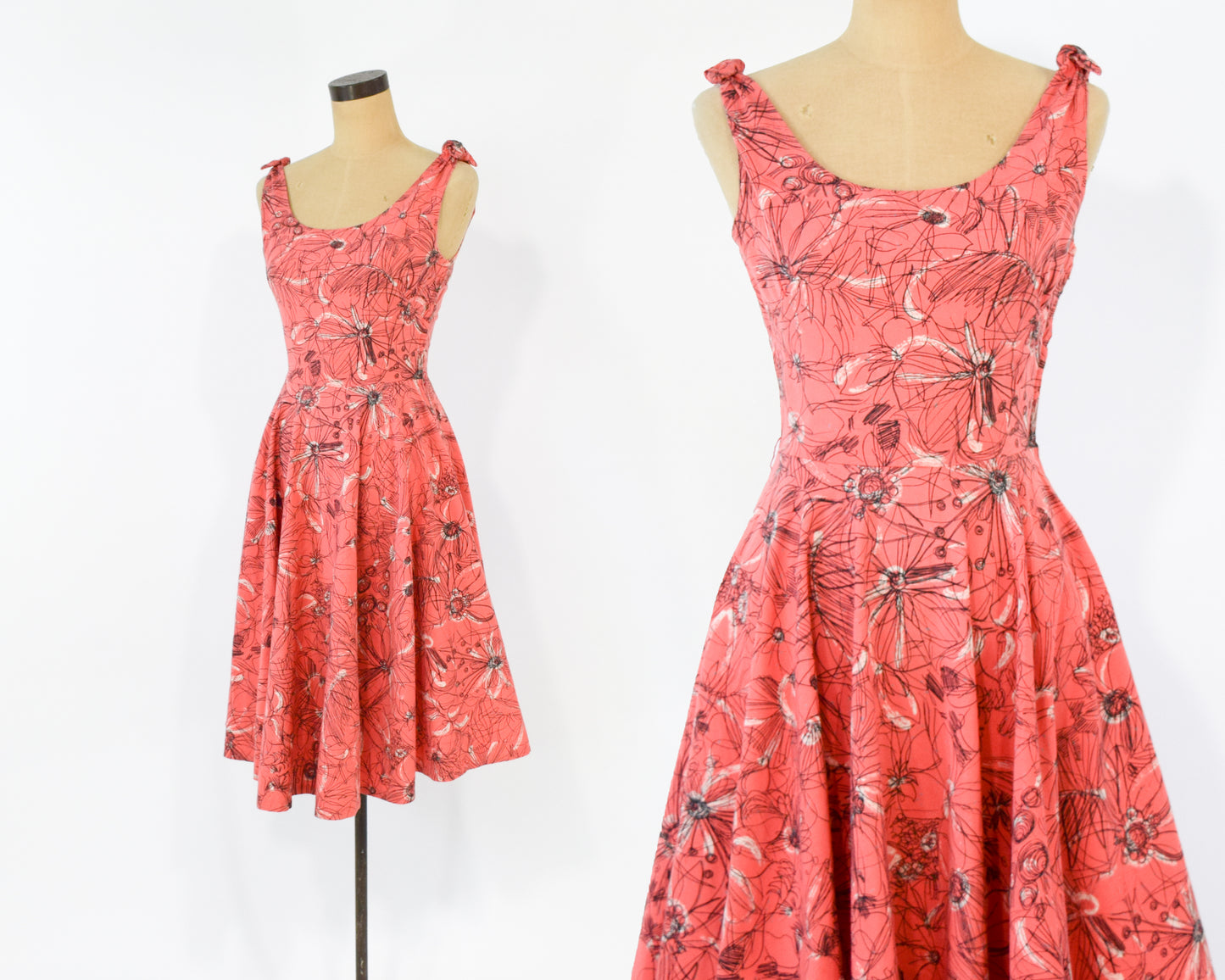 1940s Coral Print Cotton Dress, Extra Small