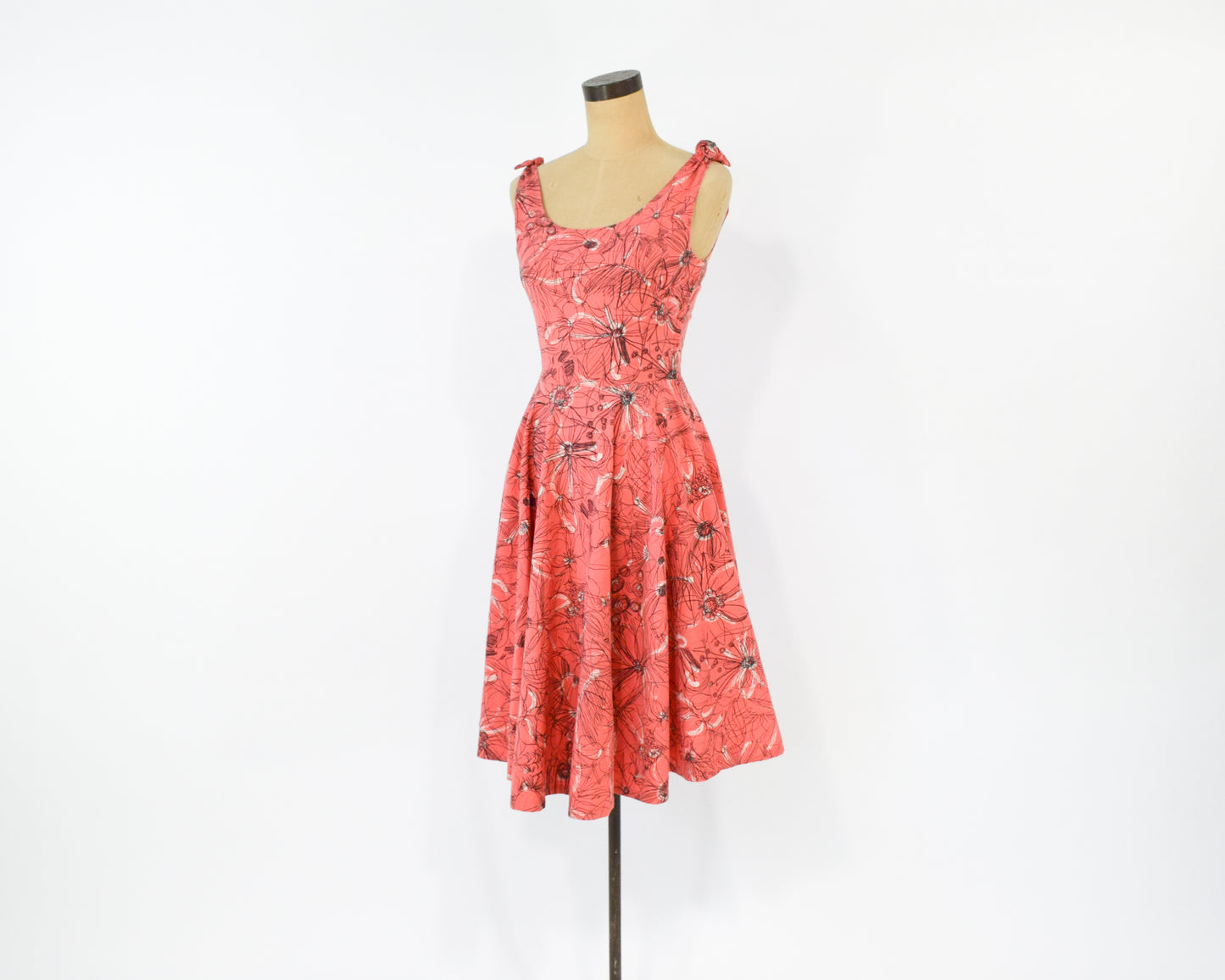 1940s Coral Print Cotton Dress, Extra Small