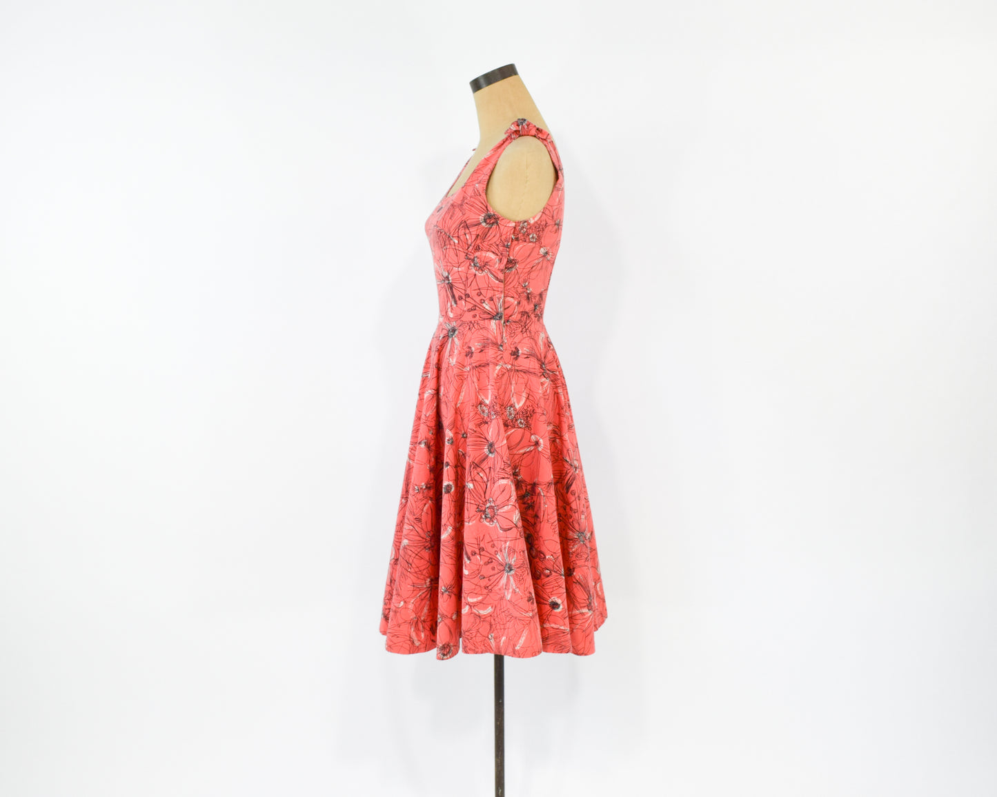 1940s Coral Print Cotton Dress, Extra Small