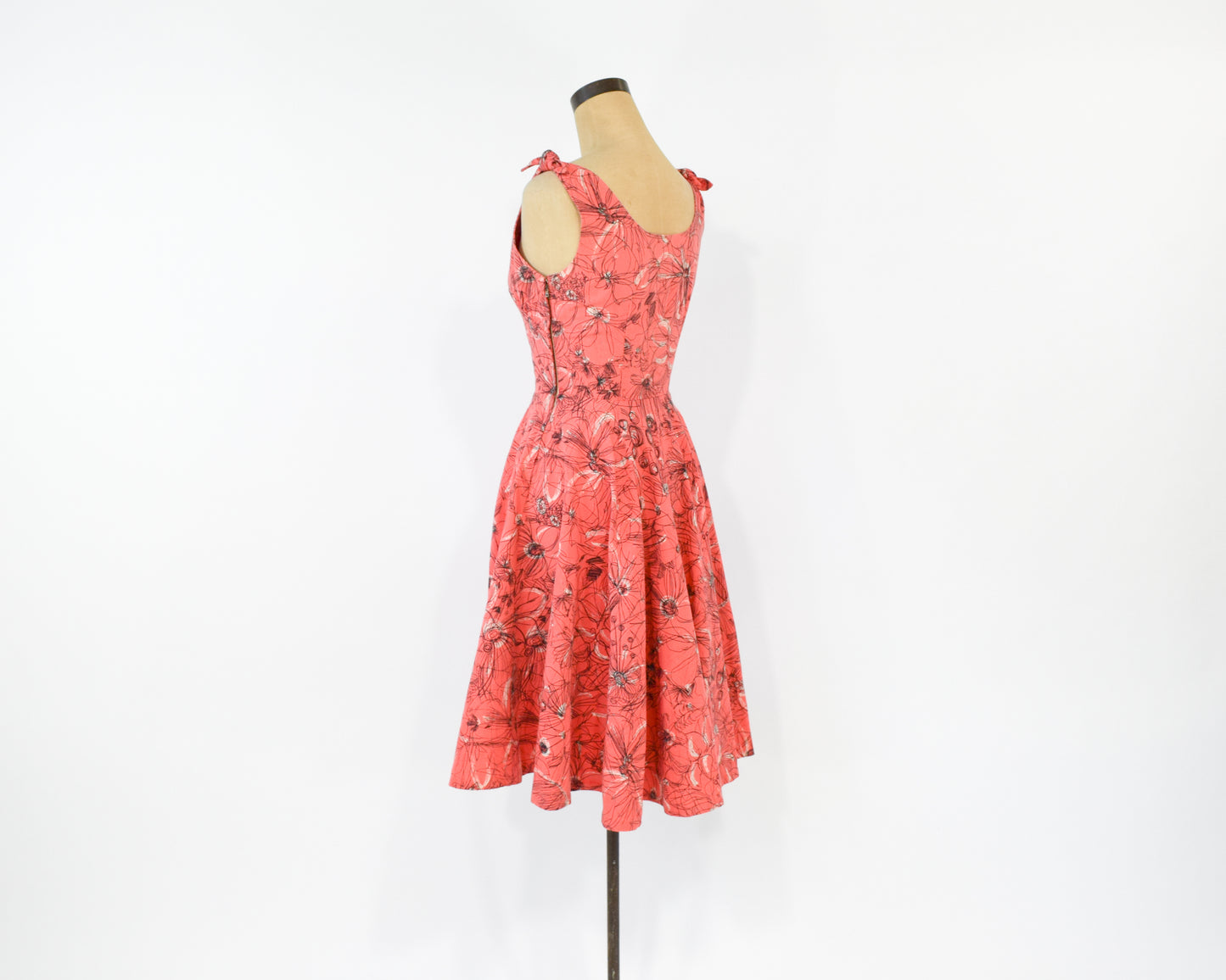 1940s Coral Print Cotton Dress, Extra Small