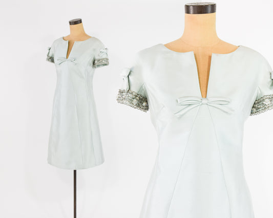 1960s Beaded Blue Silk Dress Medium