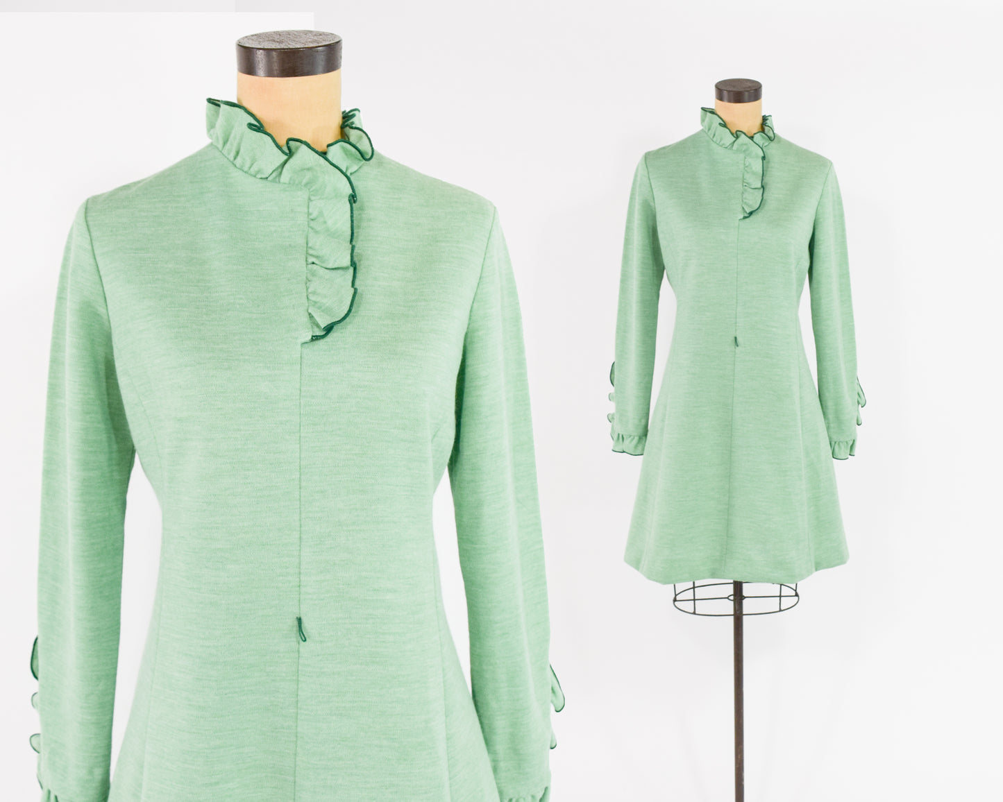 1960s Mint Wool Dress with Ruffle Collar Medium