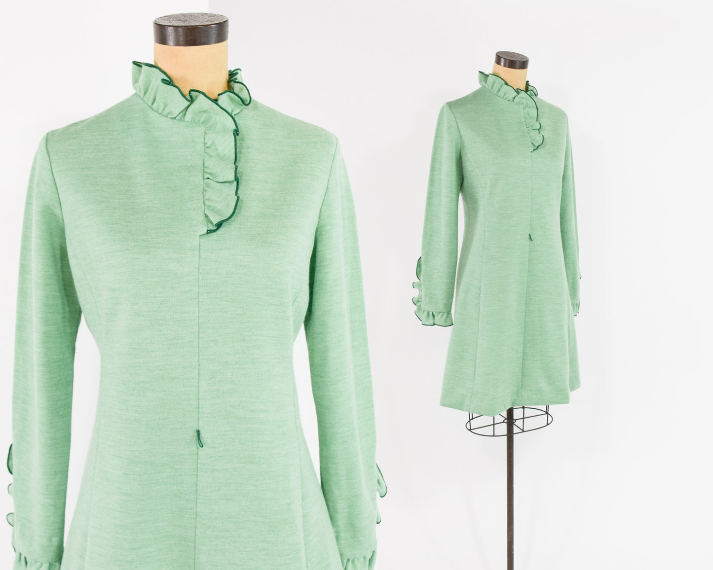 1960s Mint Wool Dress with Ruffle Collar Medium