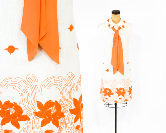 1960s Orange & White Embroidered Dress