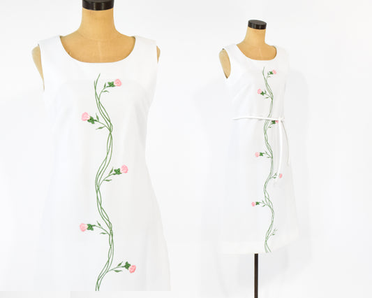 1960s White Embroidered Sleeveless Shift Dress Medium