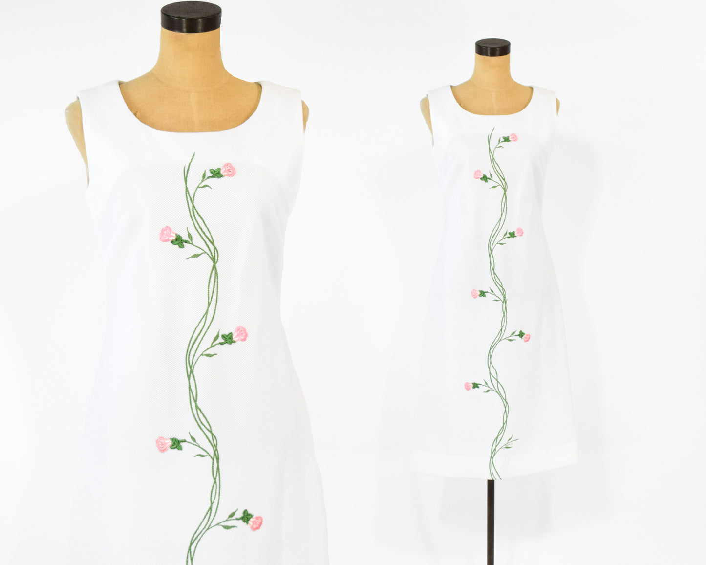 1960s White Embroidered Sleeveless Shift Dress Medium