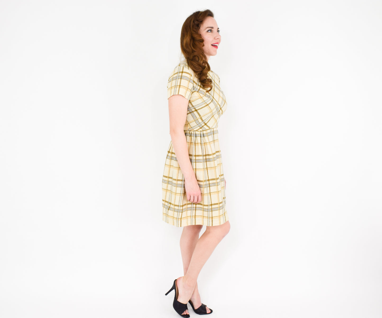 1960s Creme Plaid Wool Dress Small