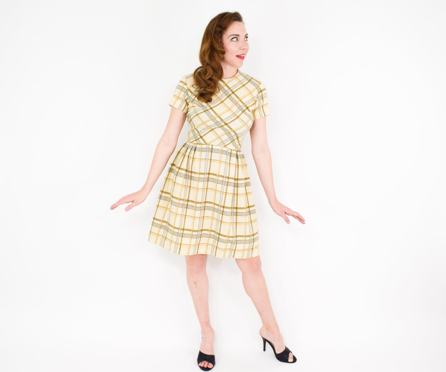 1960s Creme Plaid Wool Dress Small