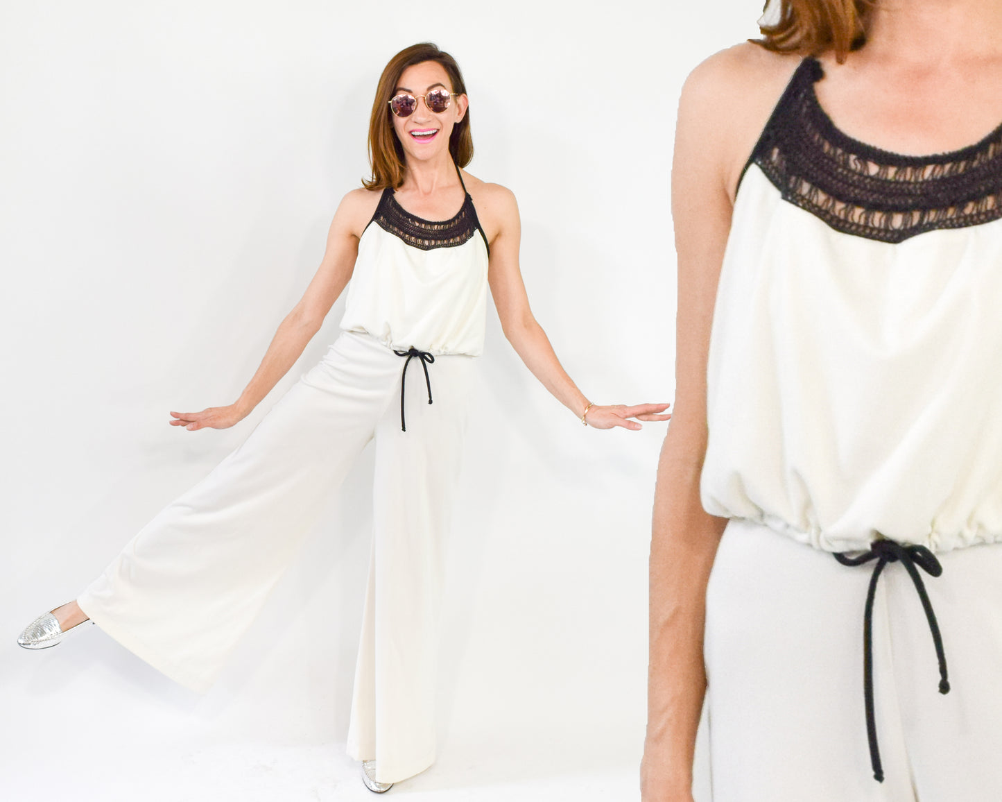1970s White Wide Leg Jumpsuit Small