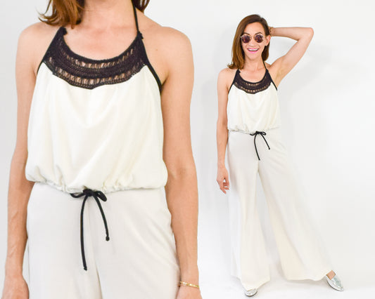 1970s White Wide Leg Jumpsuit Small