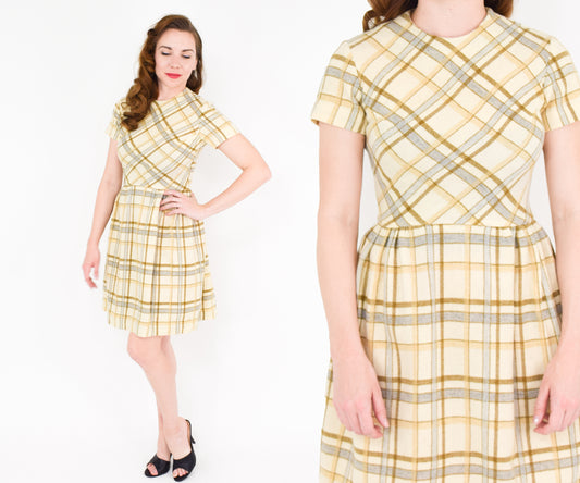 1960s Creme Plaid Wool Dress Small