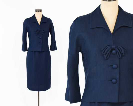 1960s Navy Silk Suit | Navy Blue Mod Jacket & Skirt Suit Set Small