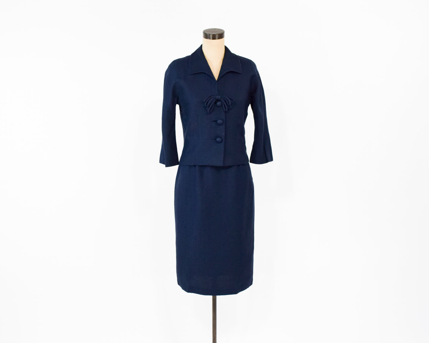 1960s Navy Silk Suit | Navy Blue Mod Jacket & Skirt Suit Set Small