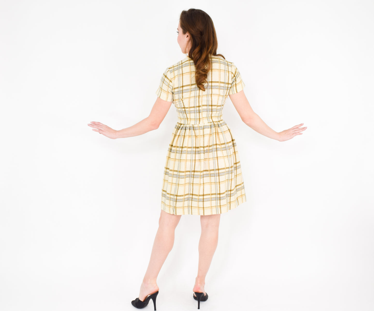1960s Creme Plaid Wool Dress Small