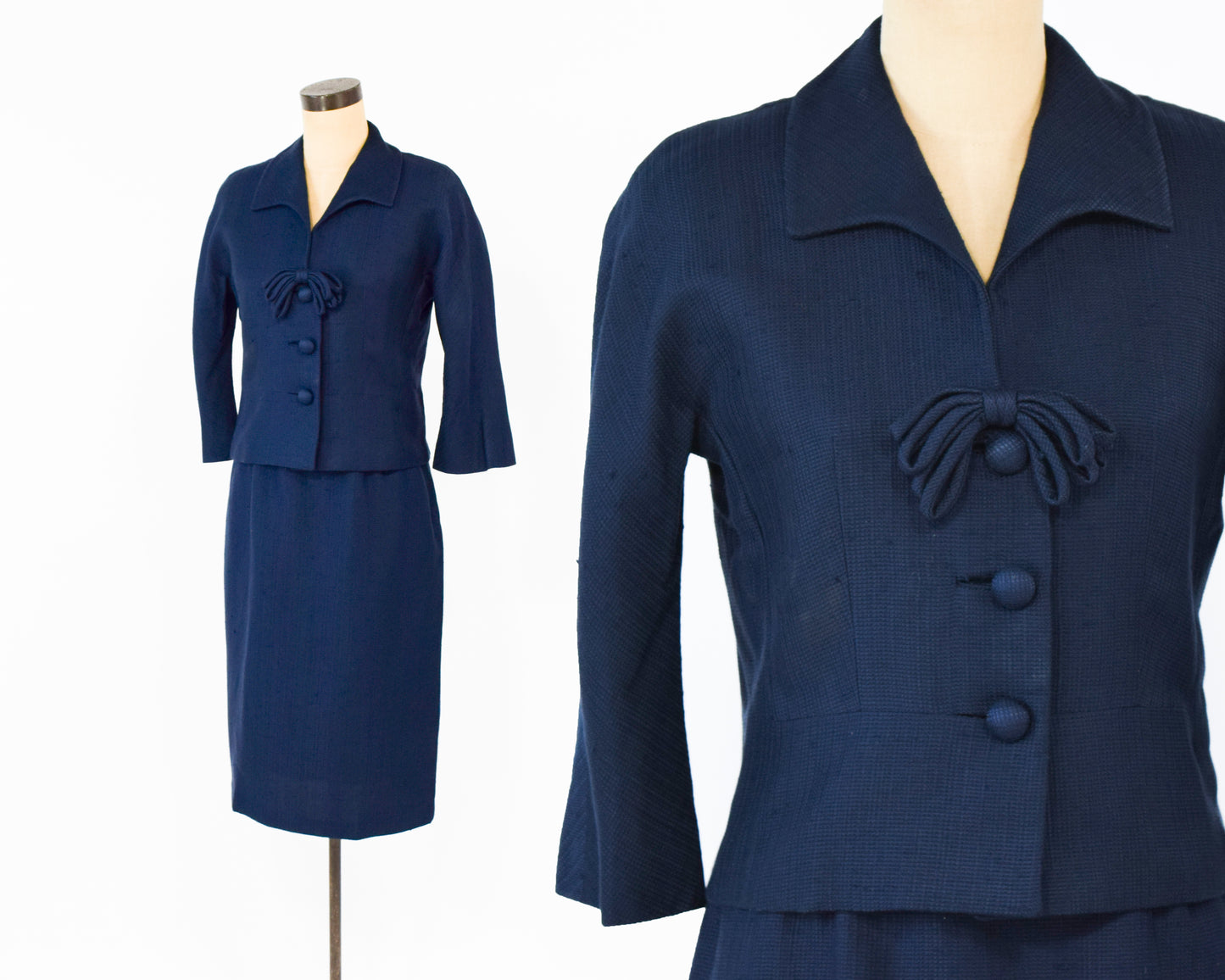 1960s Navy Silk Suit | Navy Blue Mod Jacket & Skirt Suit Set Small