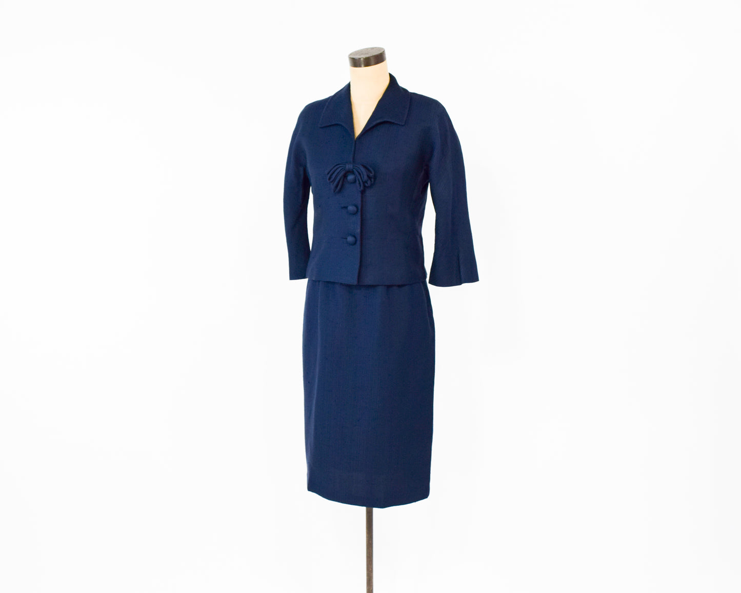 1960s Navy Silk Suit | Navy Blue Mod Jacket & Skirt Suit Set Small