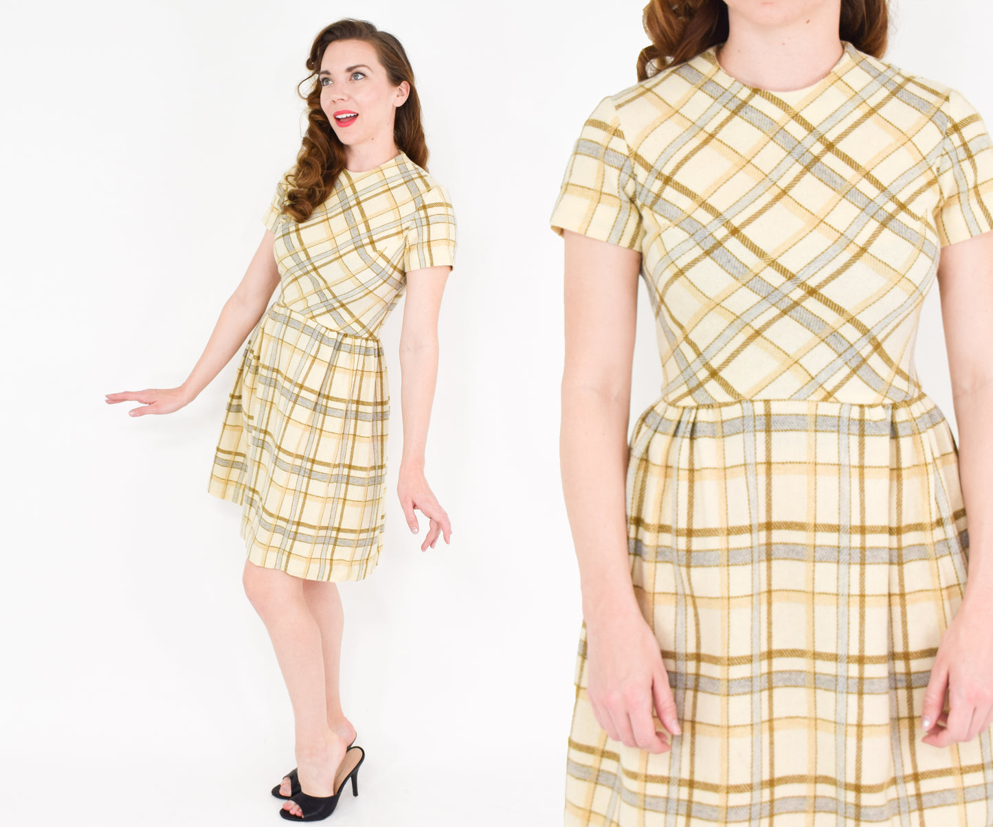 1960s Creme Plaid Wool Dress Small