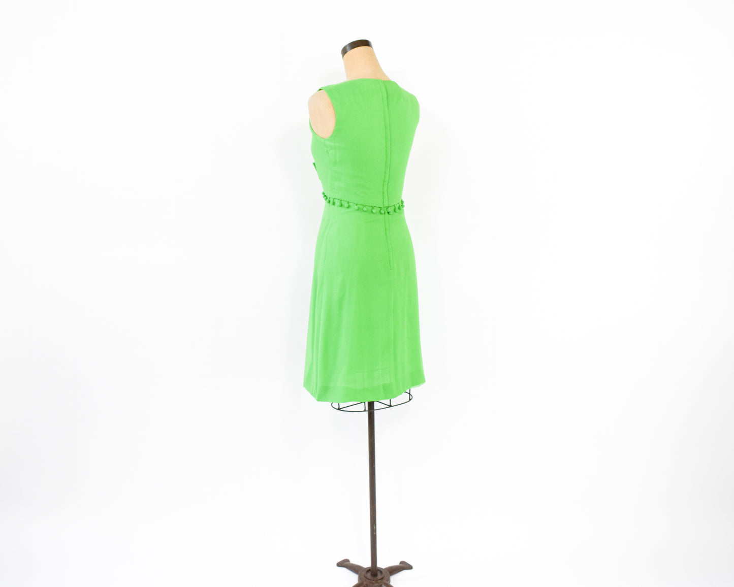 1960s Lime Green Mini Dress | Pom Pom Detail Sleeveless Sumer Dress Size Smallc