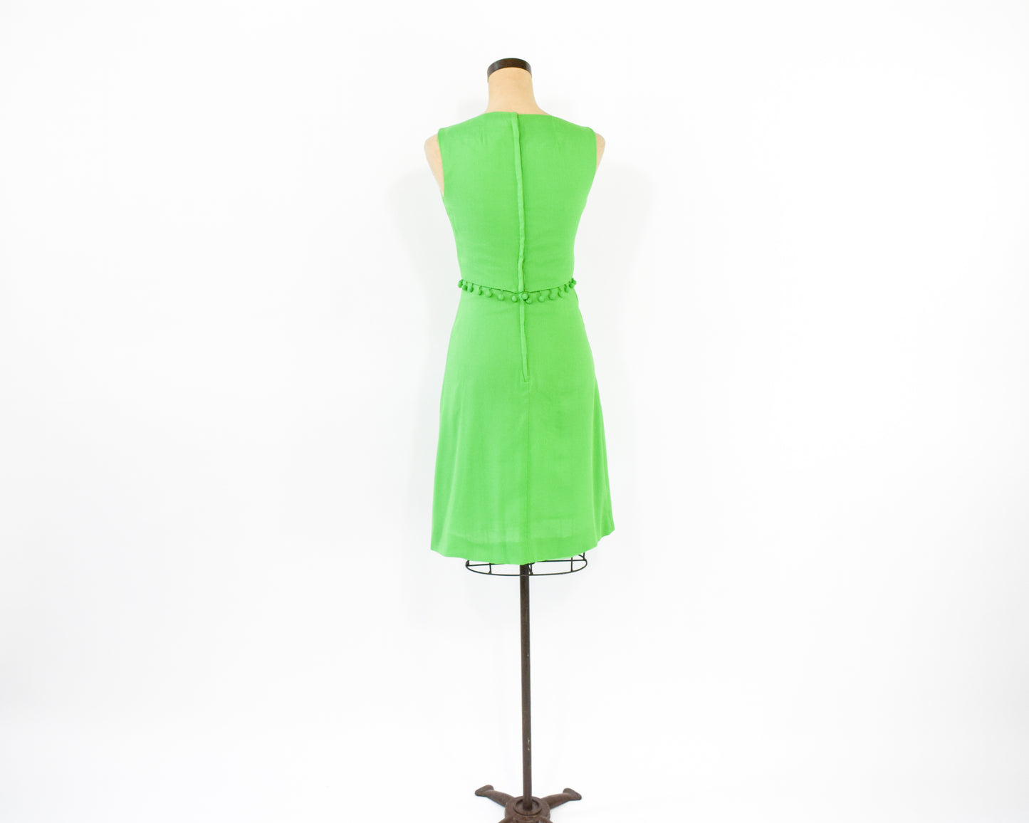 1960s Lime Green Mini Dress | Pom Pom Detail Sleeveless Sumer Dress Size Smallc