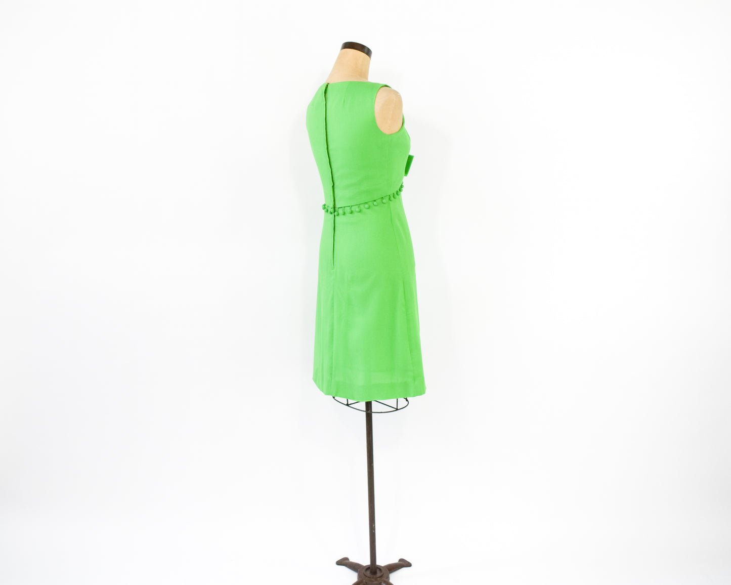 1960s Lime Green Mini Dress | Pom Pom Detail Sleeveless Sumer Dress Size Smallc