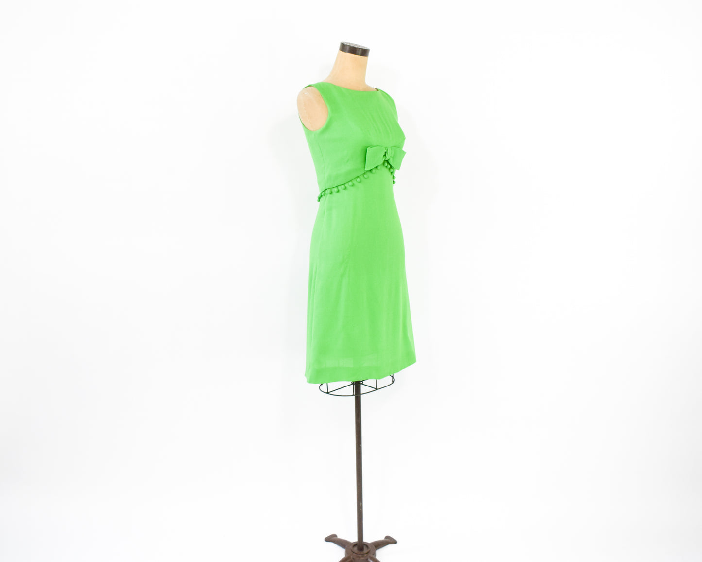 1960s Lime Green Mini Dress | Pom Pom Detail Sleeveless Sumer Dress Size Smallc