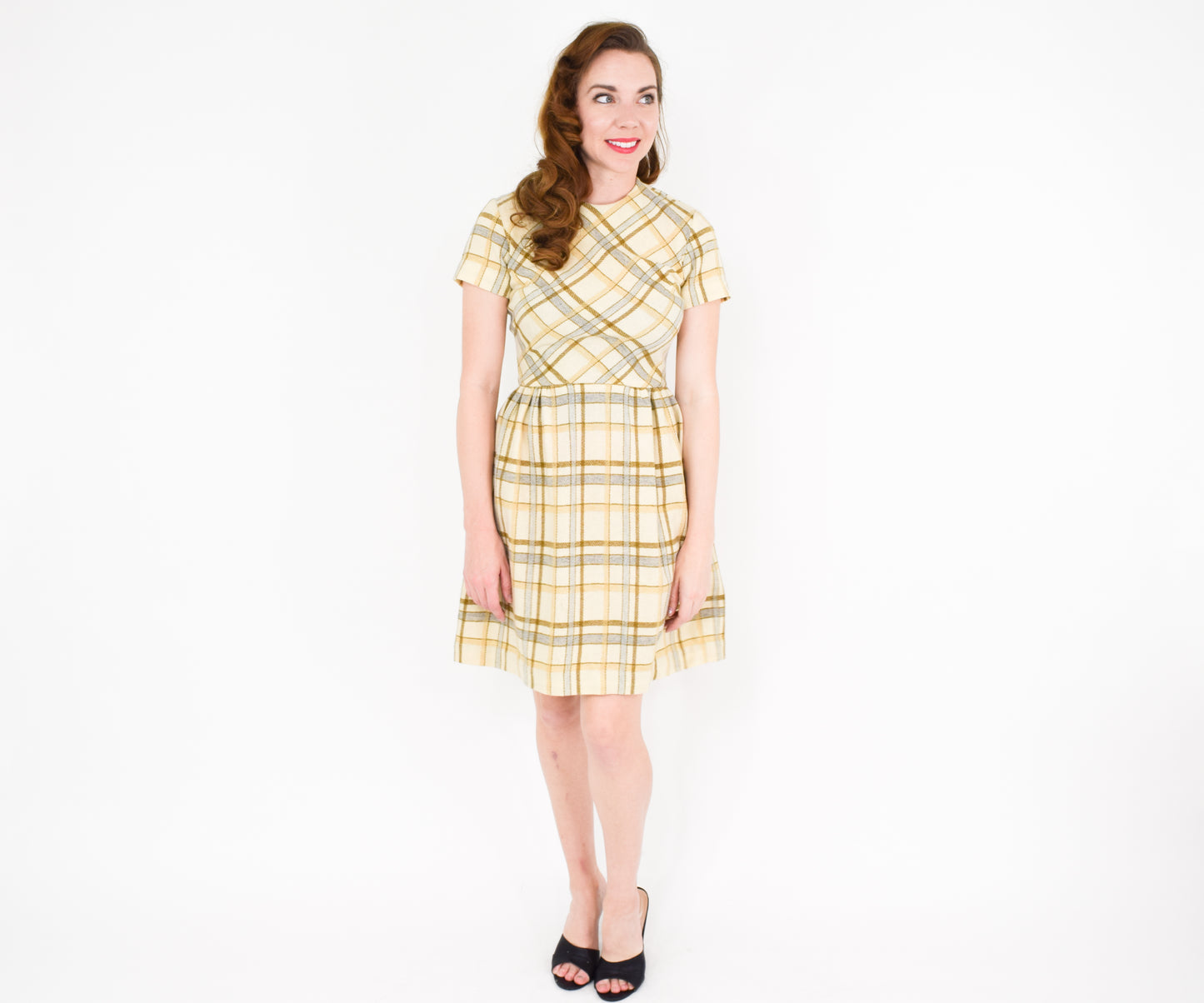 1960s Creme Plaid Wool Dress Small