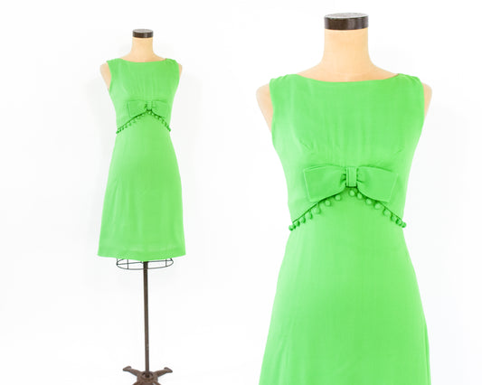 1960s Lime Green Mini Dress | Pom Pom Detail Sleeveless Sumer Dress Size Smallc