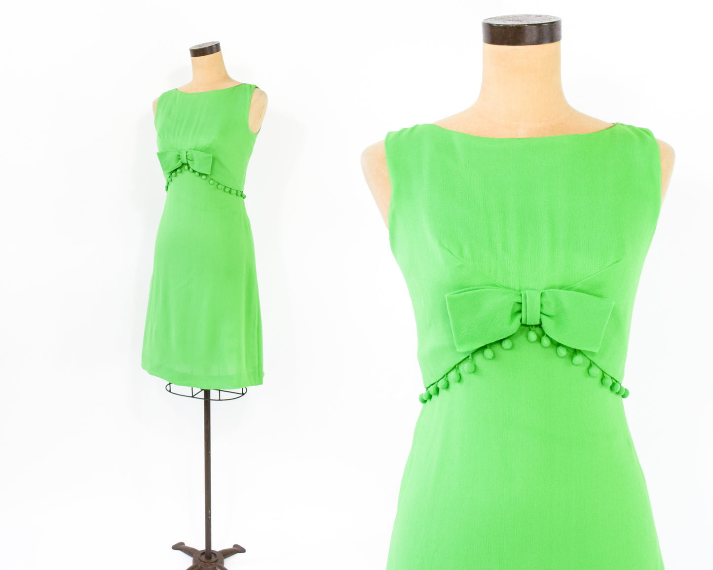 1960s Lime Green Mini Dress | Pom Pom Detail Sleeveless Sumer Dress Size Smallc