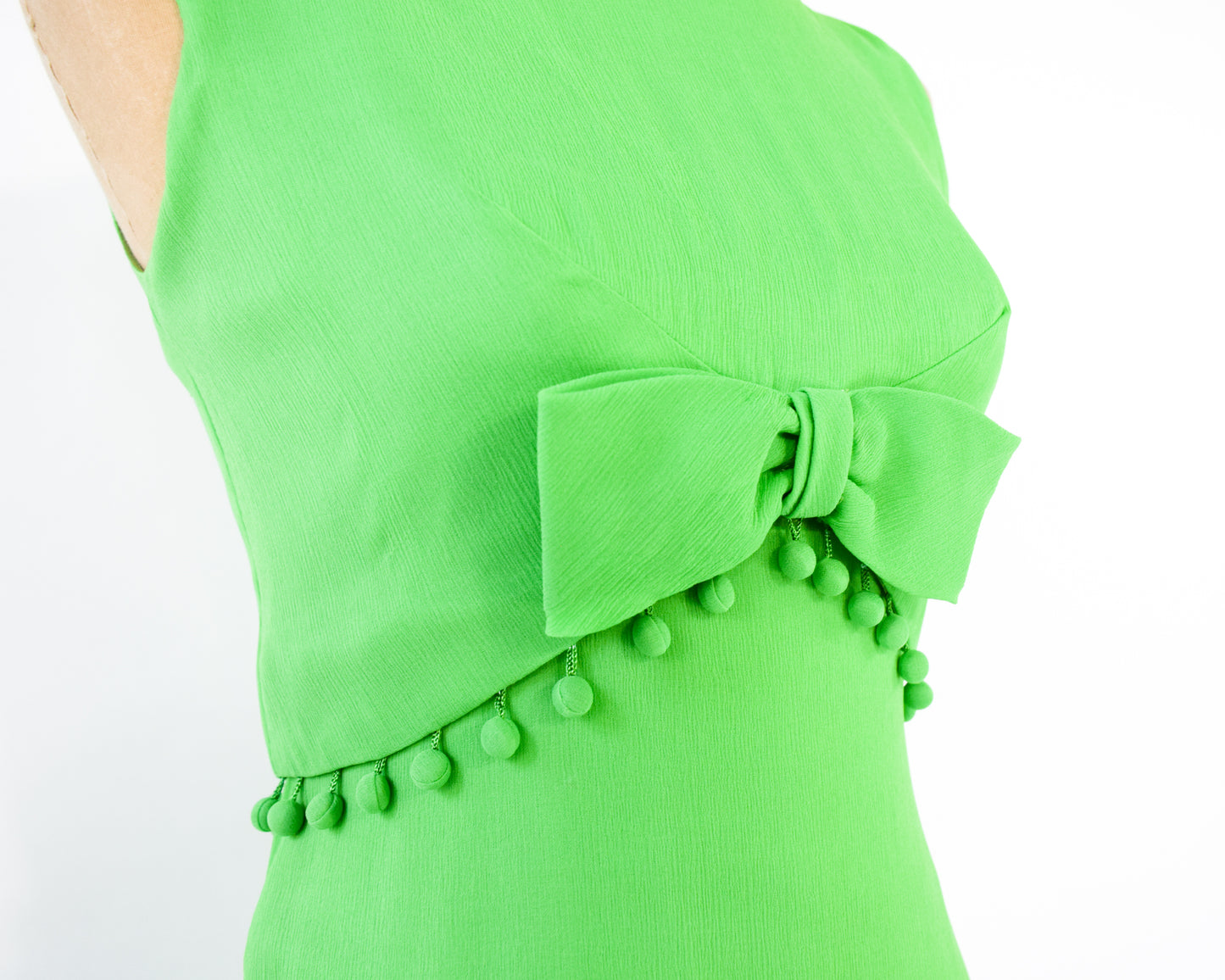 1960s Lime Green Mini Dress | Pom Pom Detail Sleeveless Sumer Dress Size Smallc