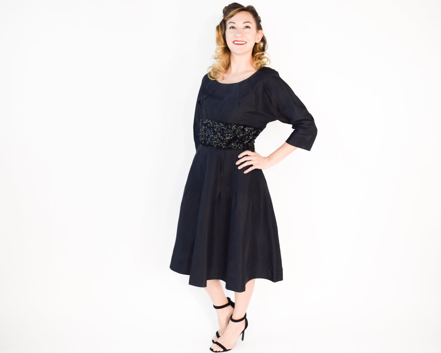 1940s Black Sequin Party Dress, Large
