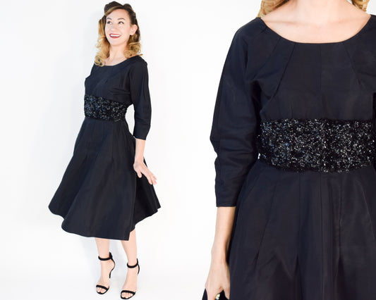 1940s Black Sequin Party Dress, Large