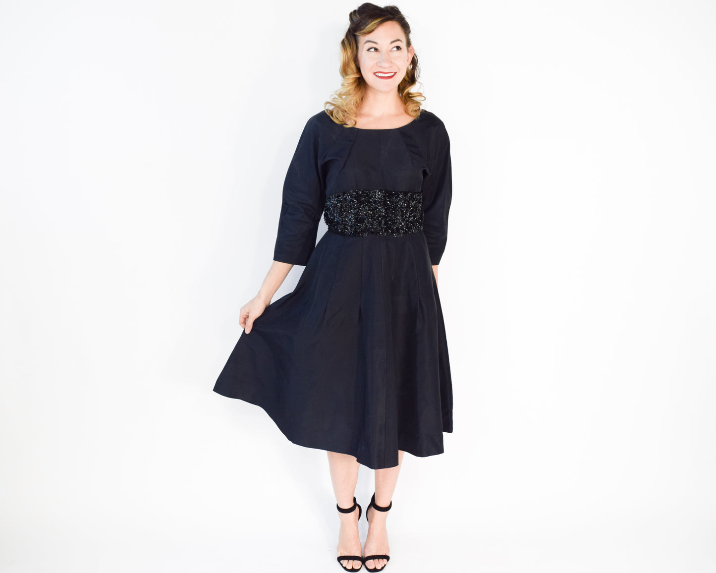 1940s Black Sequin Party Dress, Large