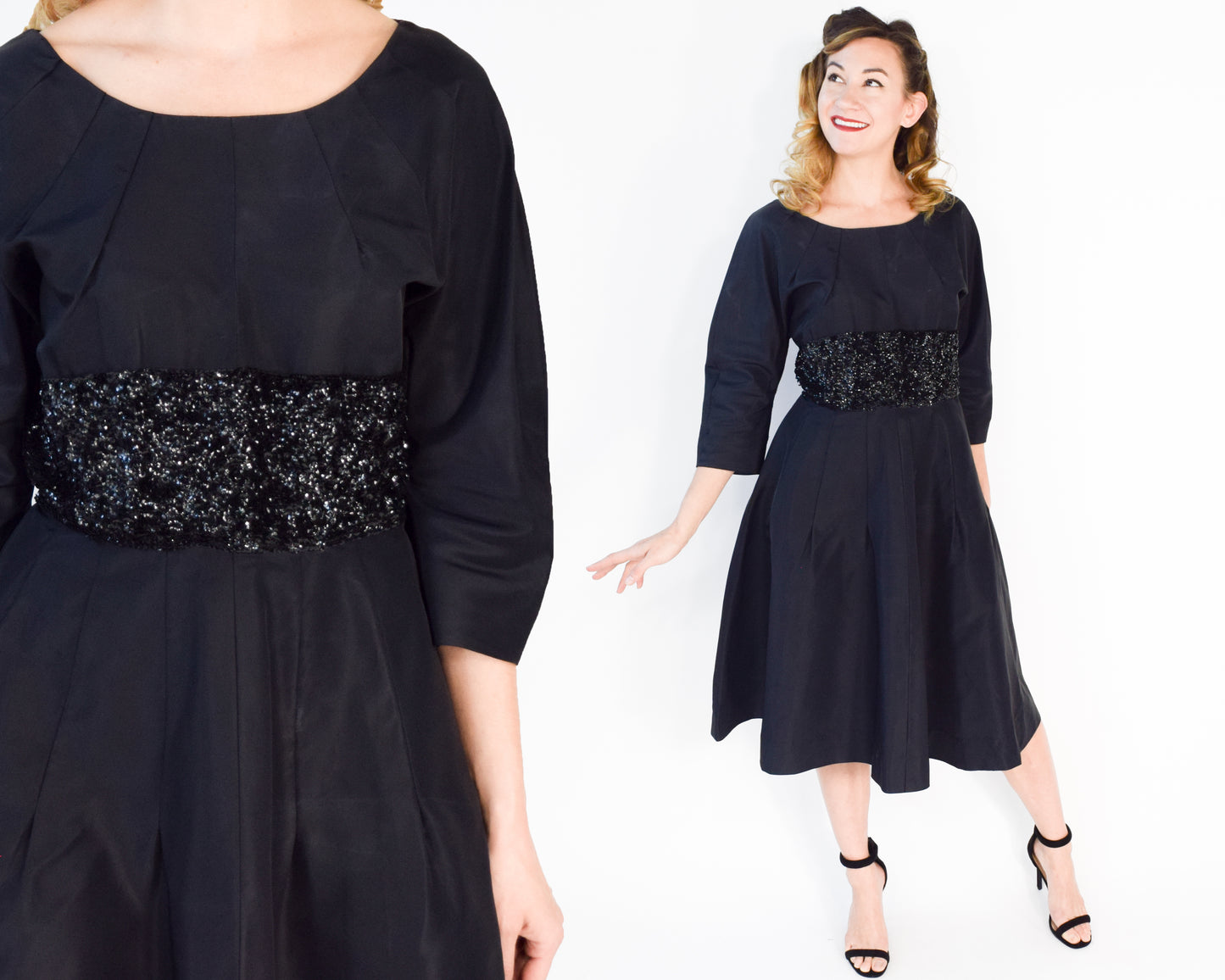 1940s Black Sequin Party Dress, Large
