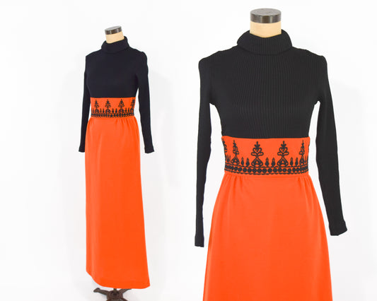 1970s Black Knit Orange Maxi Dress Medium