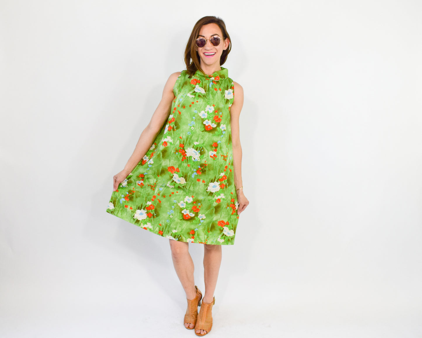 1960s Green Print Tent Dress, Large
