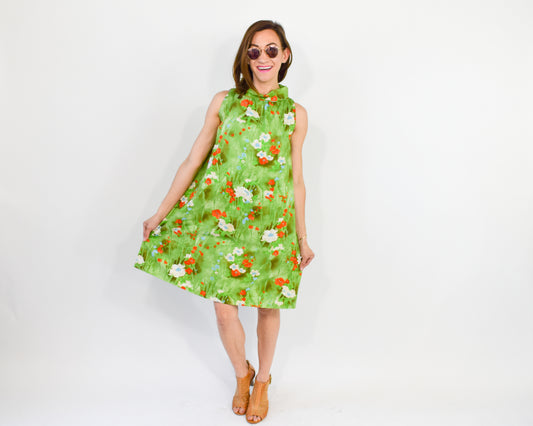 1960s Green Print Tent Dress, Large
