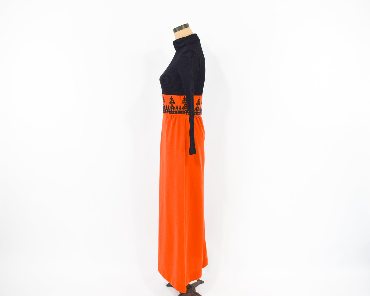 1970s Black Knit Orange Maxi Dress Medium