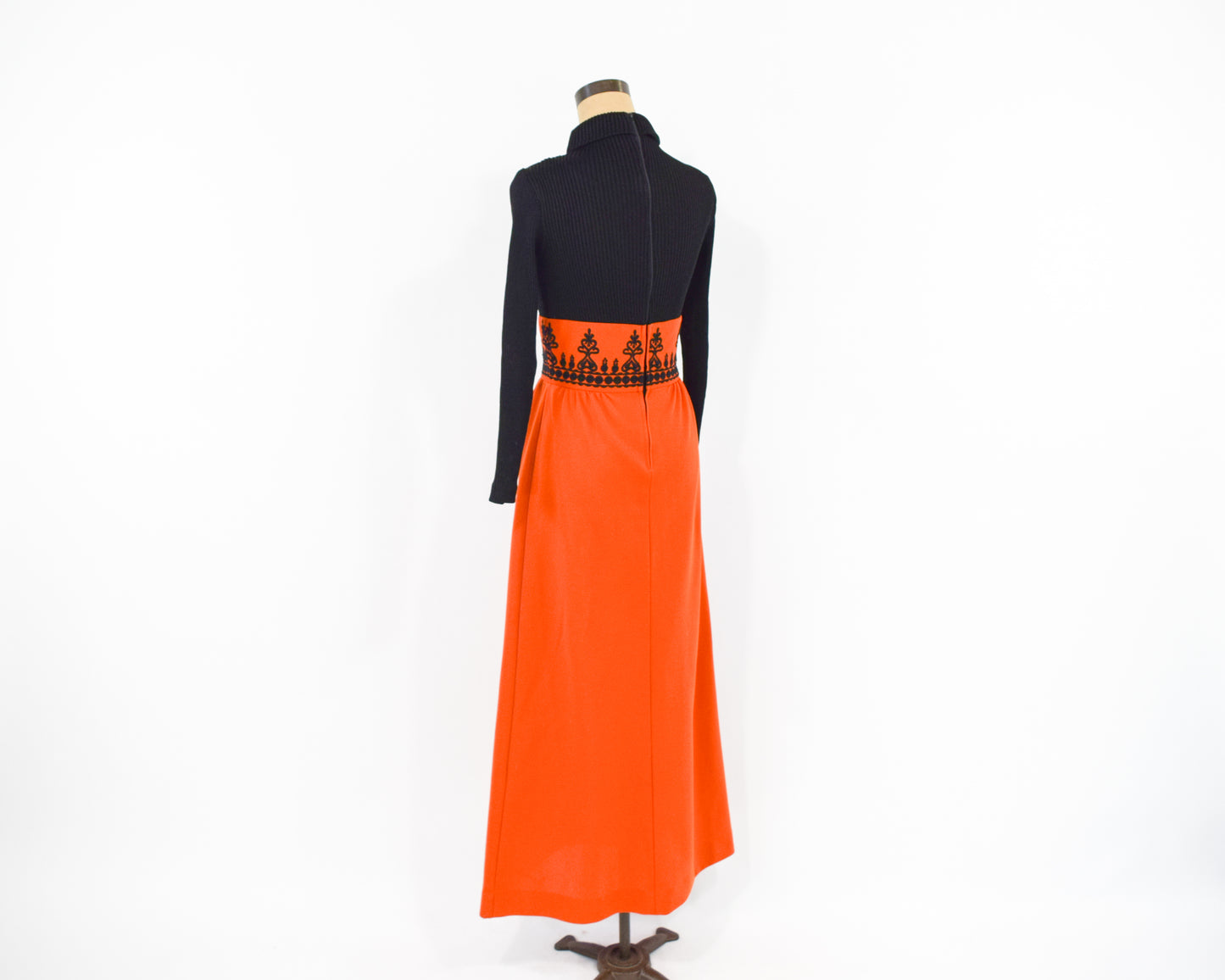 1970s Black Knit Orange Maxi Dress Medium