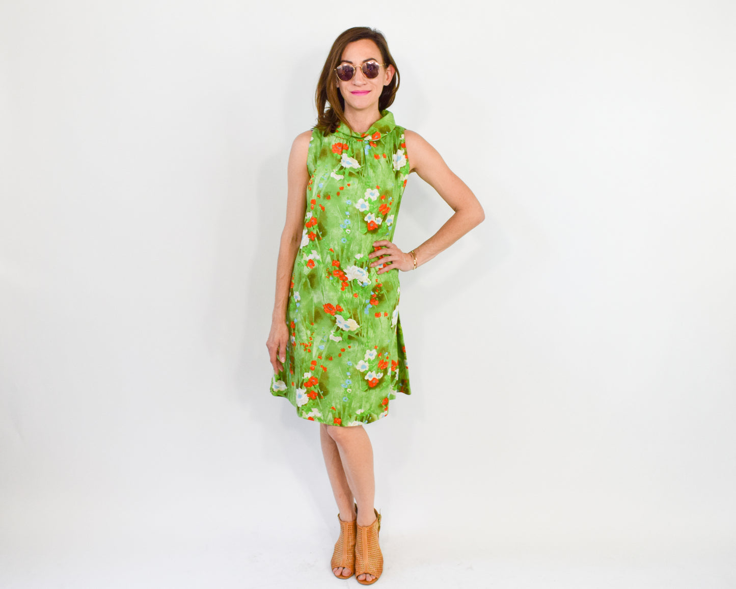 1960s Green Print Tent Dress, Large