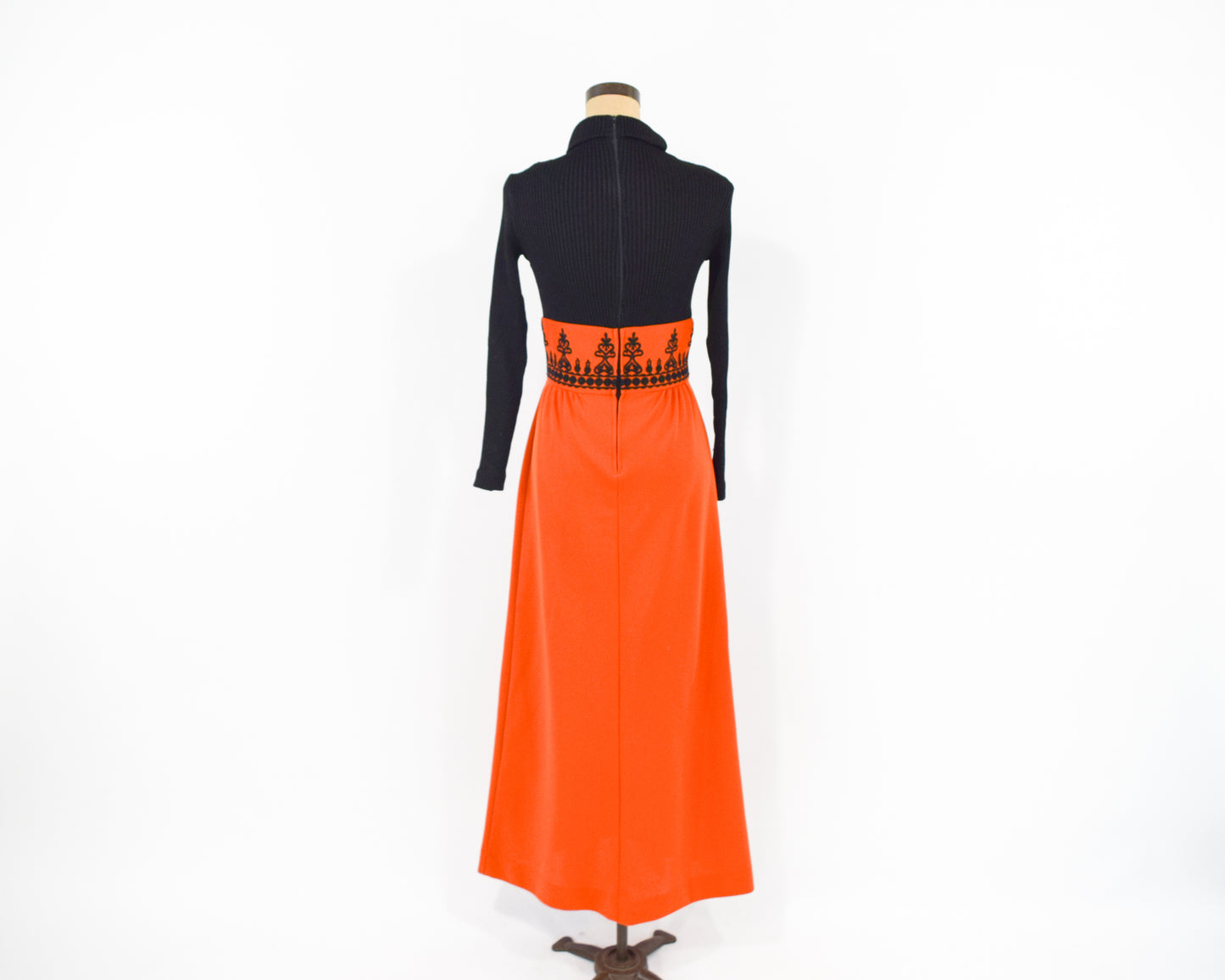 1970s Black Knit Orange Maxi Dress Medium