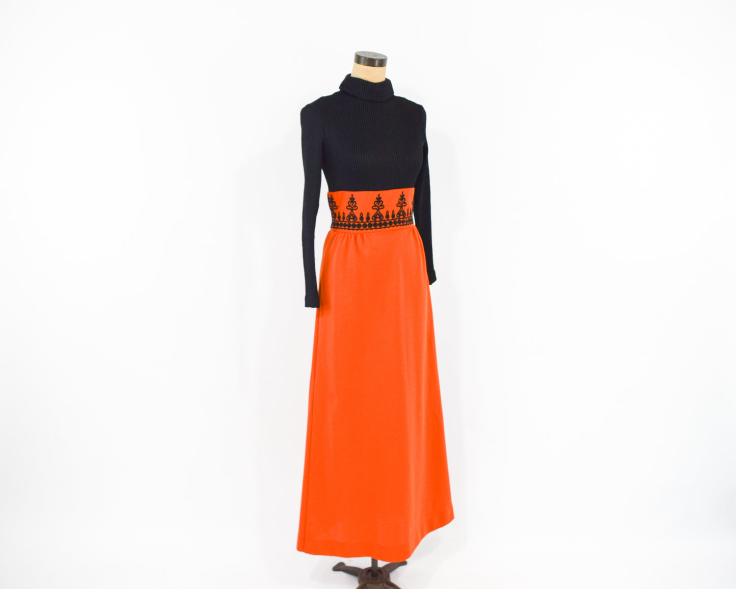 1970s Black Knit Orange Maxi Dress Medium
