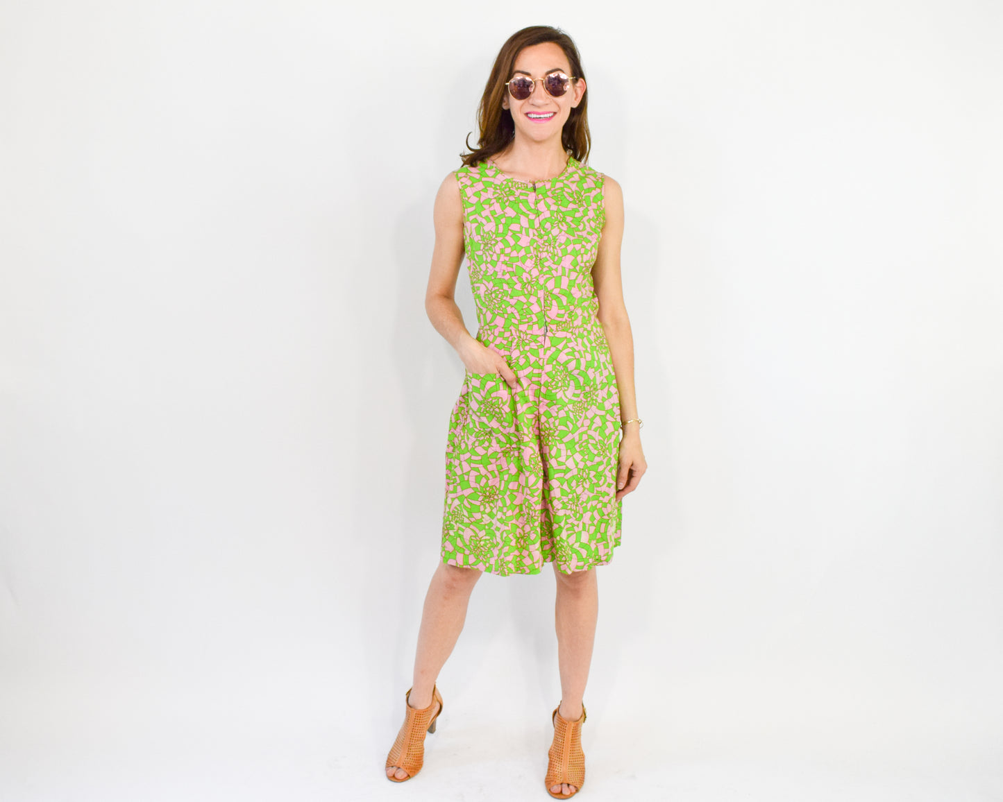 1960s Green Print Zipper Front Jumpsuit Medium