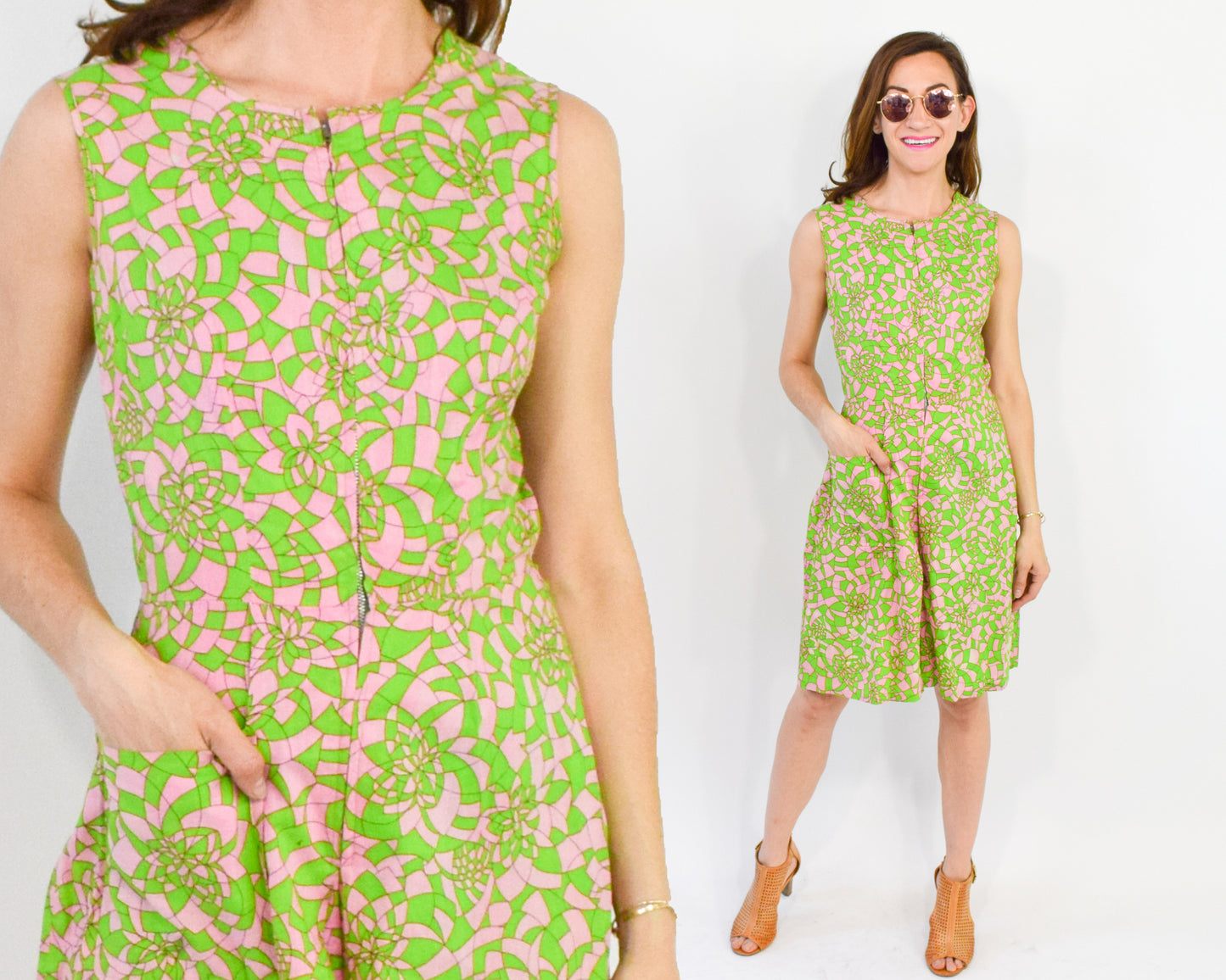 1960s Green Print Zipper Front Jumpsuit Medium